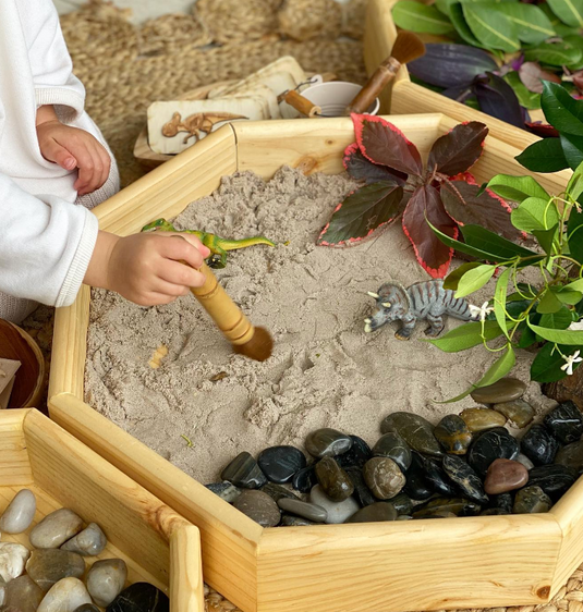 Child playing with a toy dinosaur in a sandbox filled with sand, stones, and plants.